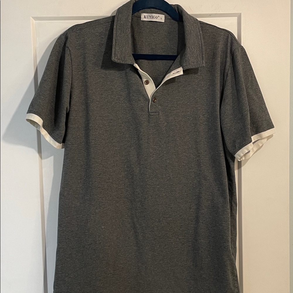 Kuyigo Heather Gray Polo Size Large Contrasting Edge Sleeve and Placket Jersey